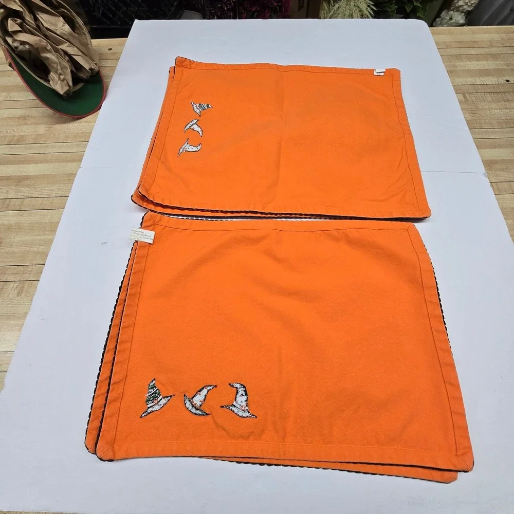 Vintage Placemats Set of 4 Orange Witch Hat Embroidered Halloween Decor Grandma